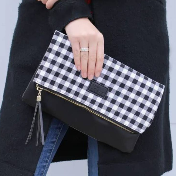 Black White Buffalo Check Foldover Clutch - Picture 3 of 4